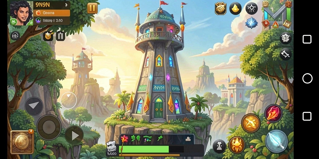 Tampilan gameplay 9N9N menampilkan menara yang berfungsi melawan gelombang musuh.