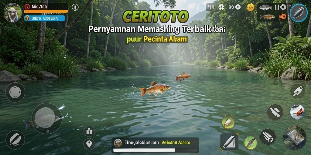 Screenshot gameplay menunjukkan pemancing tengah beraksi di danau yang tenang.