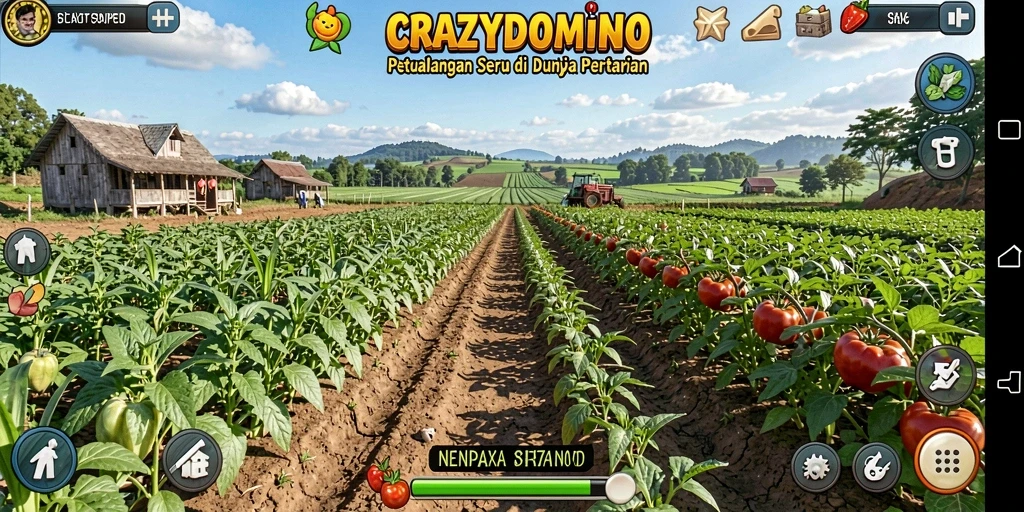 Tangkapan layar utama CRAZYDOMINO menunjukkan aktivitas bertani yang seru dan interaktif.