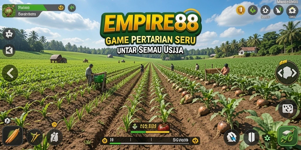 Tangkapan layar dari gameplay <strong>EMPIRE88</strong>, menampilkan kebun yang indah dan tanaman yang sedang tumbuh.