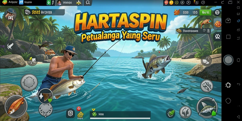 Tampilan gameplay HARTASPIN yang mengasyikkan saat memancing di danau.