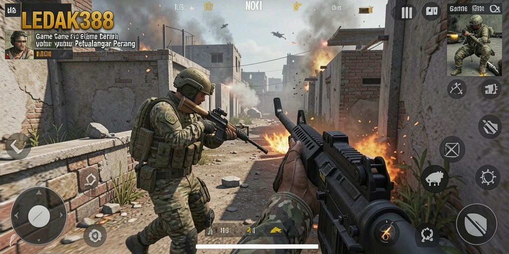 Screenshot LEDAK388 menampilkan aksi intens dalam pertempuran FPS.