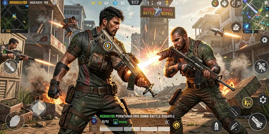Tangkapan layar menampilkan aksi intens dalam pertempuran Battle Royale.