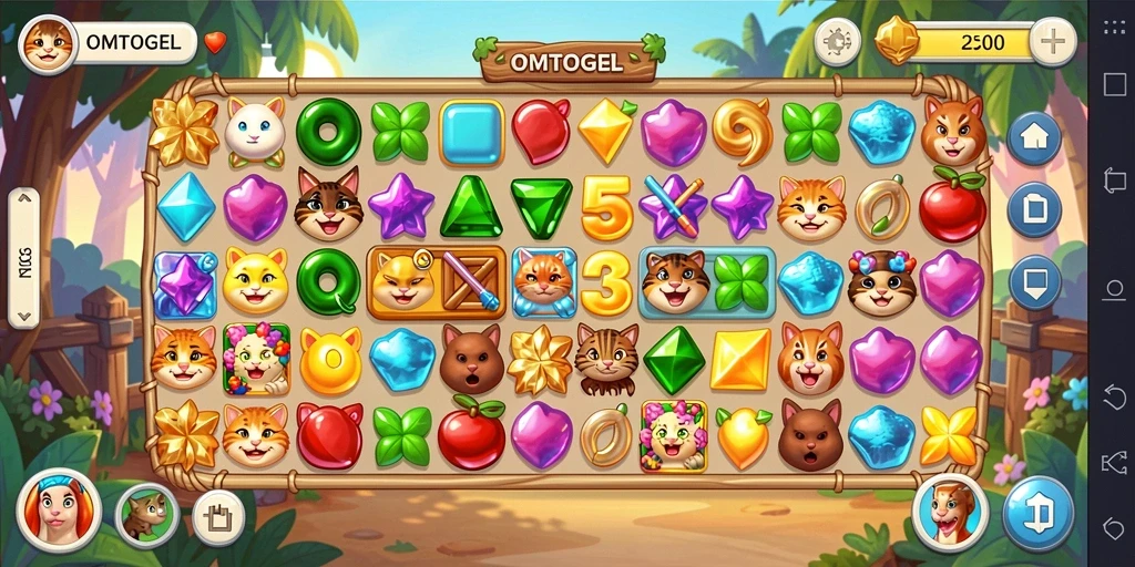 Tampilan gameplay OMTOGEL yang menyenangkan dan penuh warna dalam permainan Match-3.