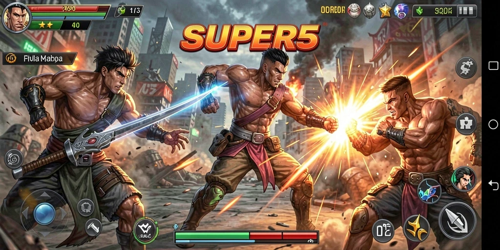 Tangkapan layar SUPER5 menampilkan pertempuran mendebarkan di arena aksi.